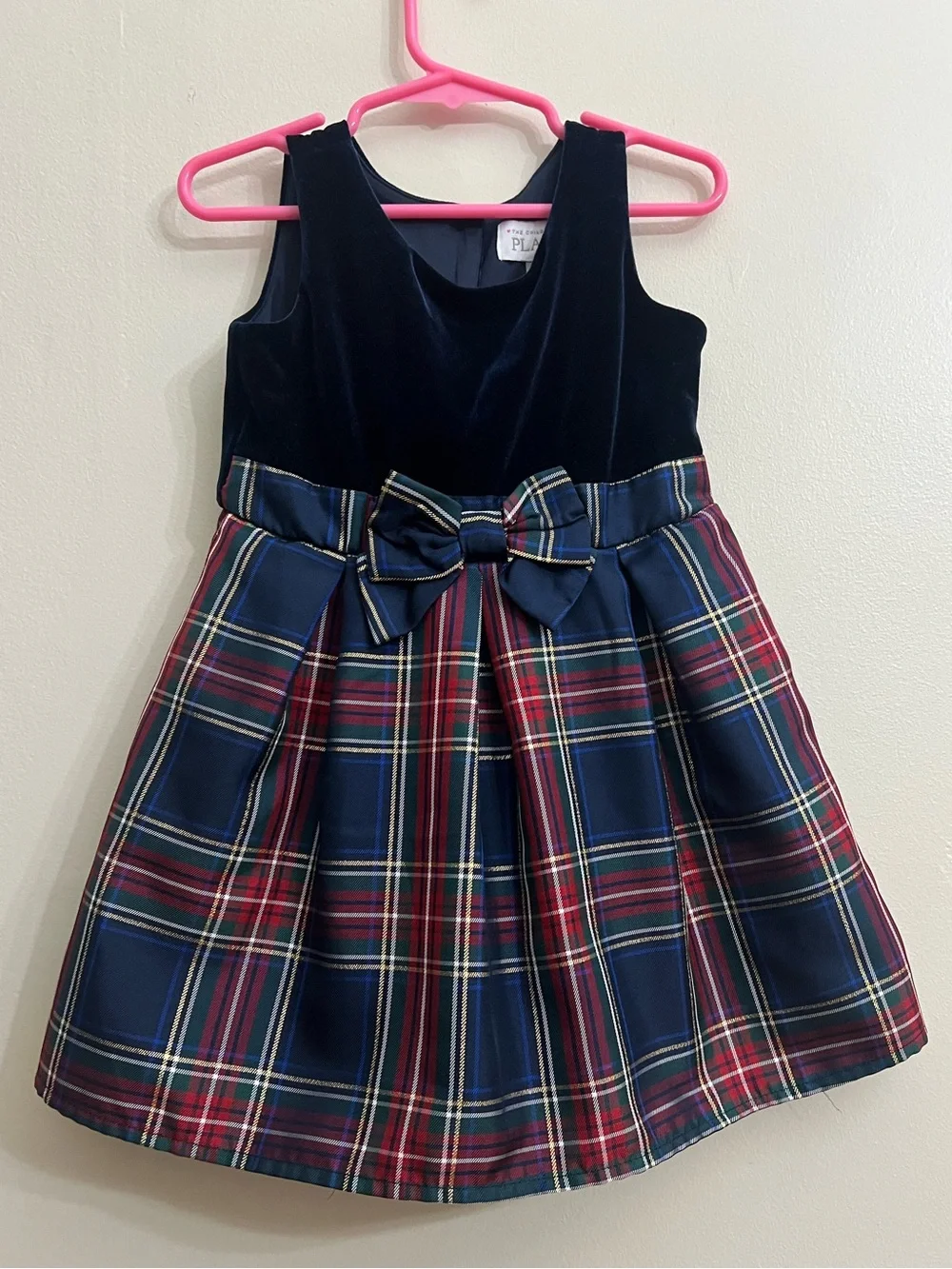 The Children's Place Navy Velvet Top Plaid Skirt Holiday Dress with Bow